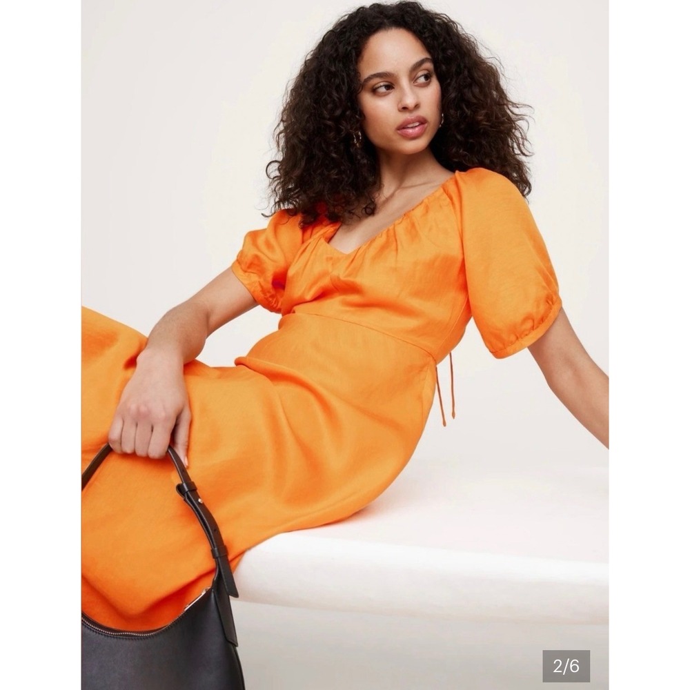 Banana Republic Orange Puff Sleeve Linen Midi Dress 4 Resortwear Euro Summer